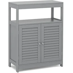 Costway Bathroom Floor Cabinet Storage Organizer with Open Shelf & Double Shutter Door Grey/White
