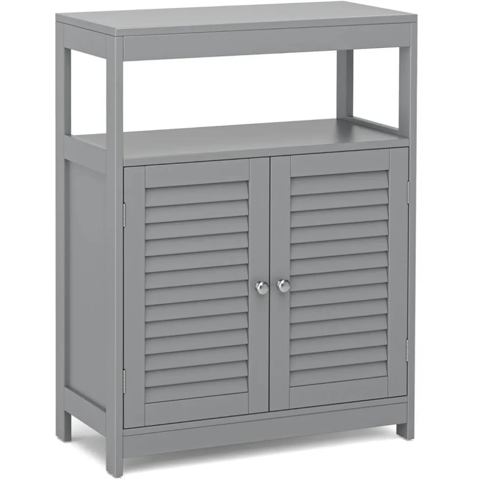Costway Bathroom Floor Cabinet Storage Organizer with Open Shelf & Double Shutter Door Grey/White
