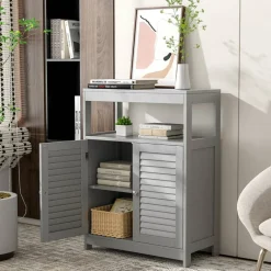 Costway Bathroom Floor Cabinet Storage Organizer with Open Shelf & Double Shutter Door Grey/White