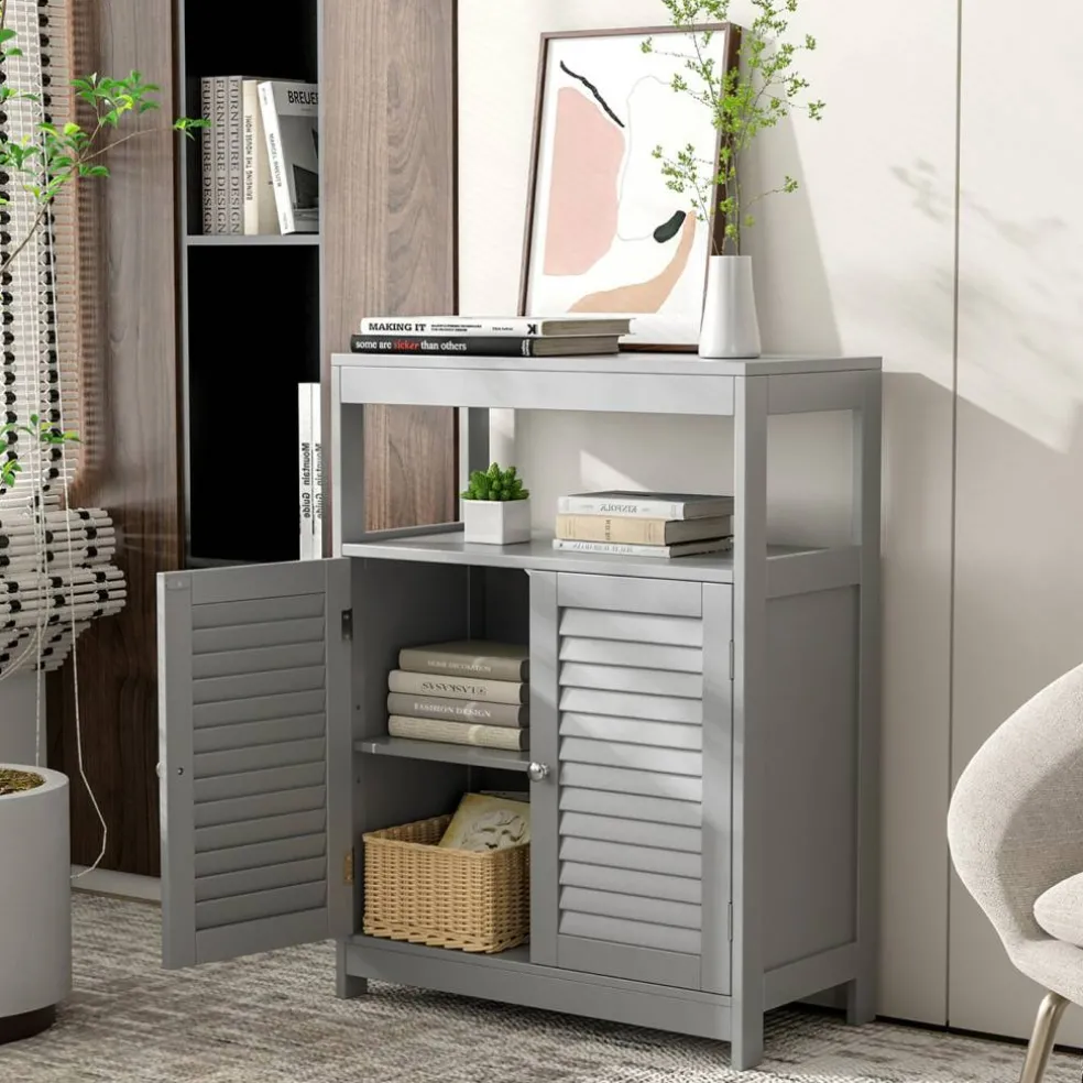 Costway Bathroom Floor Cabinet Storage Organizer with Open Shelf & Double Shutter Door Grey/White