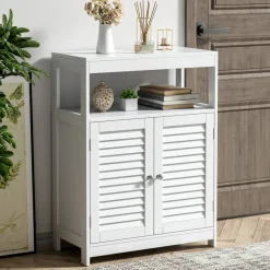 Costway Bathroom Floor Cabinet Free Standing Storage Organizer w/ Double Shutter Doors