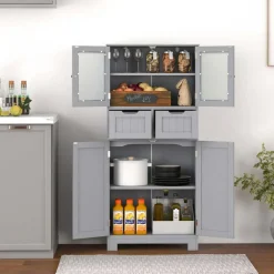 Costway Bathroom Floor Storage Cabinet Kitchen Cupboard with 2 Drawers & Glass Doors Grey