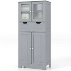 Costway Bathroom Floor Storage Cabinet Kitchen Cupboard with 2 Drawers & Glass Doors Grey