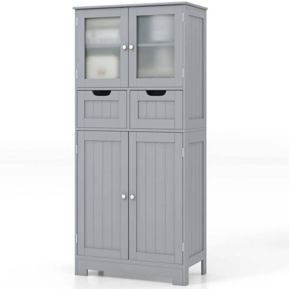 Costway Bathroom Floor Storage Cabinet Kitchen Cupboard with 2 Drawers & Glass Doors Grey