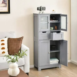 Costway Bathroom Floor Storage Cabinet Kitchen Cupboard with 2 Drawers & Glass Doors Grey