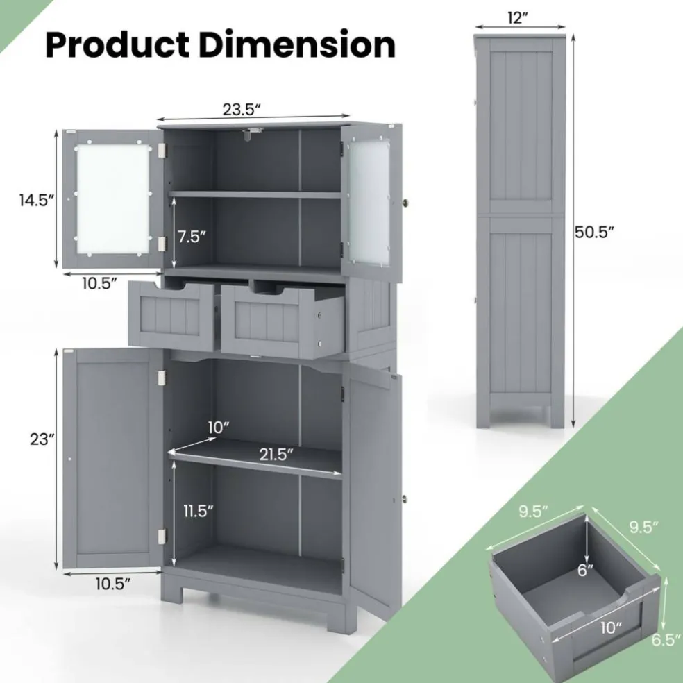 Costway Bathroom Floor Storage Cabinet Kitchen Cupboard with 2 Drawers & Glass Doors Grey