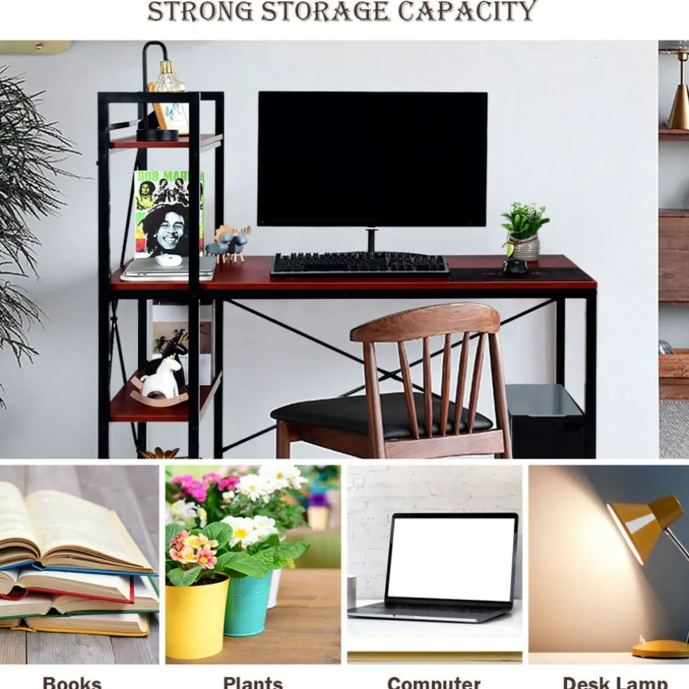 Costway 47.5'' Compact Computer Desk With 4-Tier Storage Bookshelves for Home Office