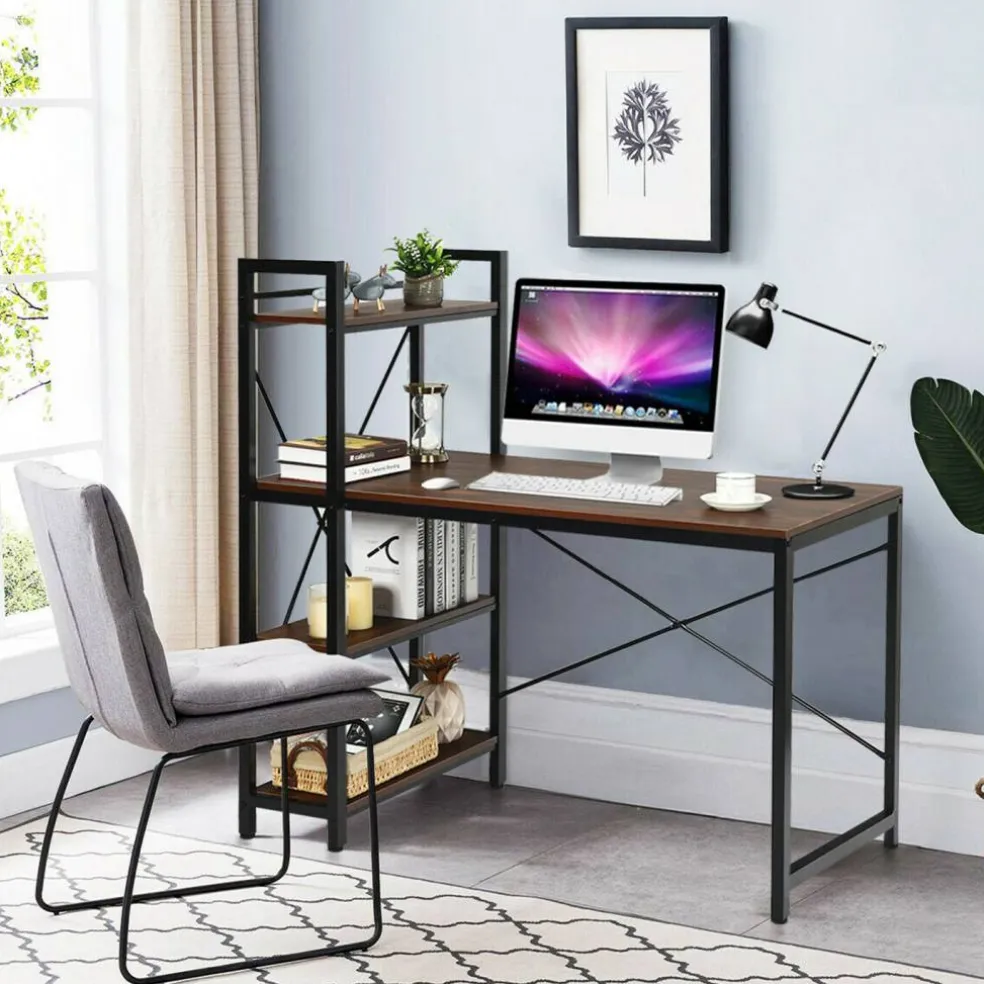 Costway 47.5'' Compact Computer Desk With 4-Tier Storage Bookshelves for Home Office