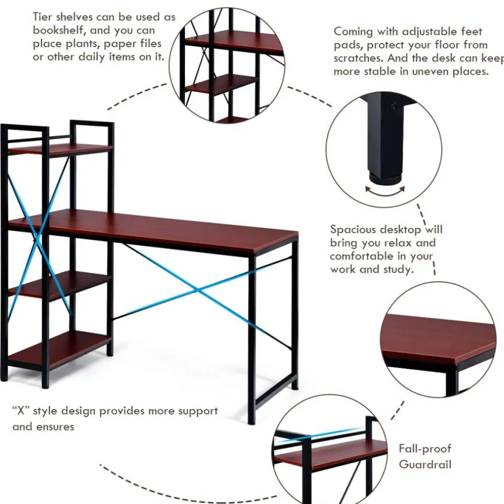Costway 47.5'' Compact Computer Desk With 4-Tier Storage Bookshelves for Home Office