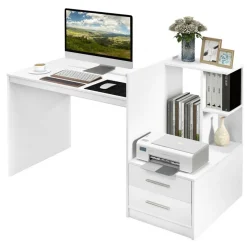 Costway Computer Desk Laptop Table Writing Study Desk Home Office with Bookshelf & Drawers