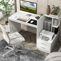 Costway Computer Desk Laptop Table Writing Study Desk Home Office with Bookshelf & Drawers