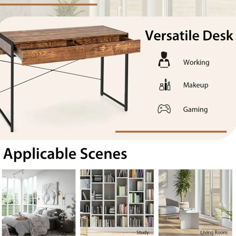 Costway Computer Desk Metal Frame Study Table Home Office Workstation w/2 Drawers