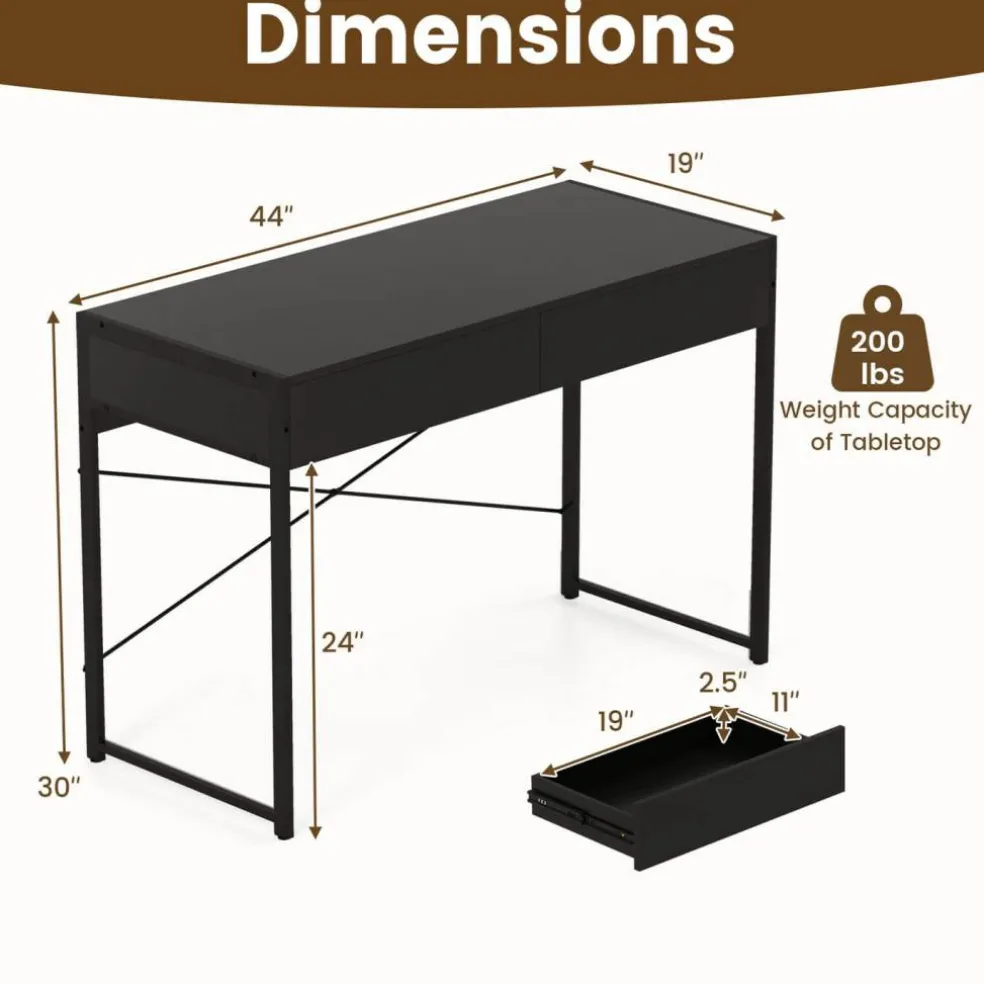 Costway Computer Desk Metal Frame Study Table Home Office Workstation w/2 Drawers
