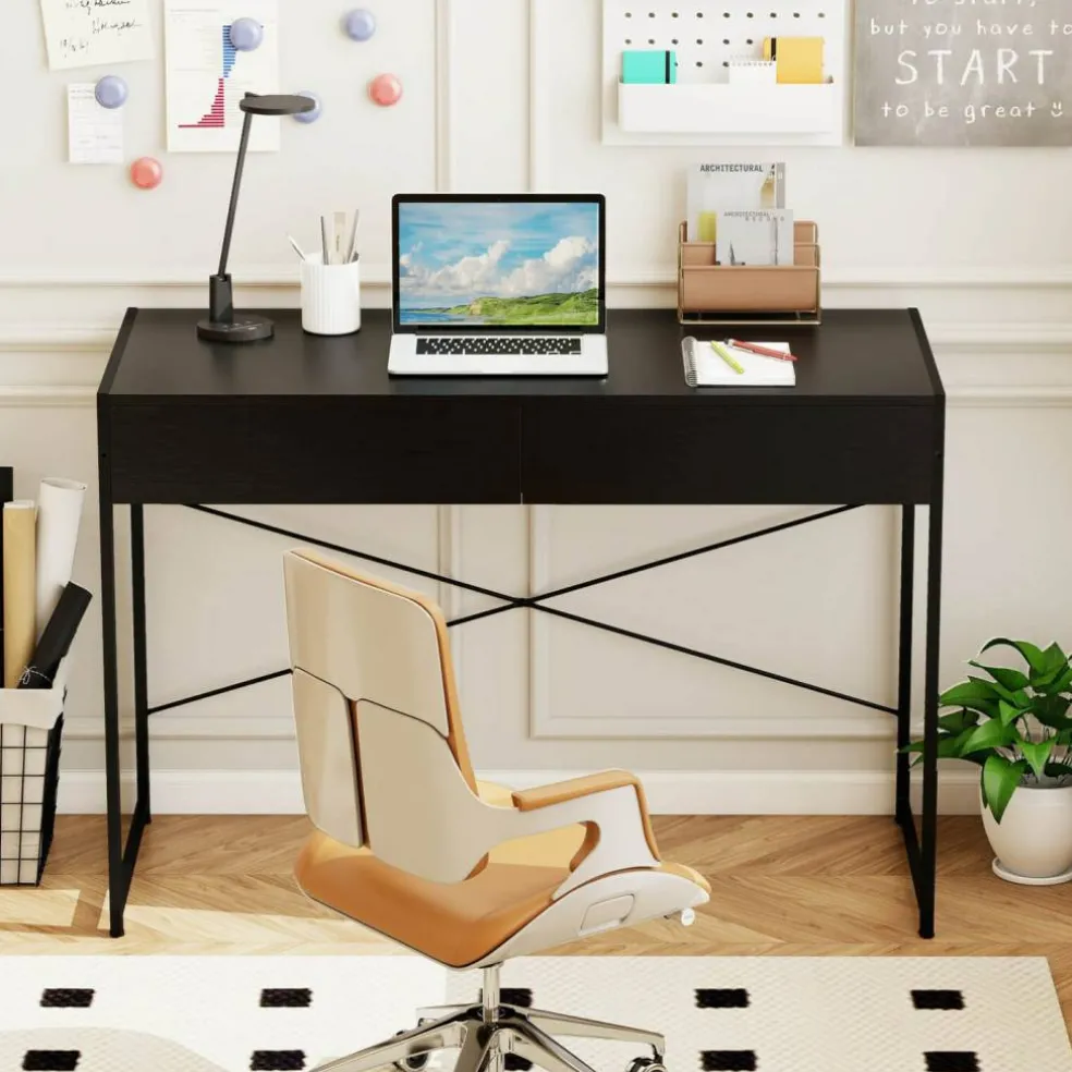 Costway Computer Desk Metal Frame Study Table Home Office Workstation w/2 Drawers
