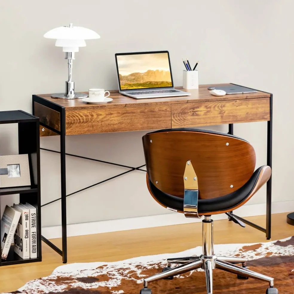 Costway Computer Desk Metal Frame Study Table Home Office Workstation w/2 Drawers