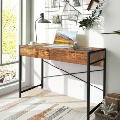 Costway Computer Desk Metal Frame Study Table Home Office Workstation w/2 Drawers
