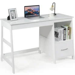 Costway 47.5'' Computer Desk Trestle Desk Writing Study Workstation w/ Shelf & 2 Drawers