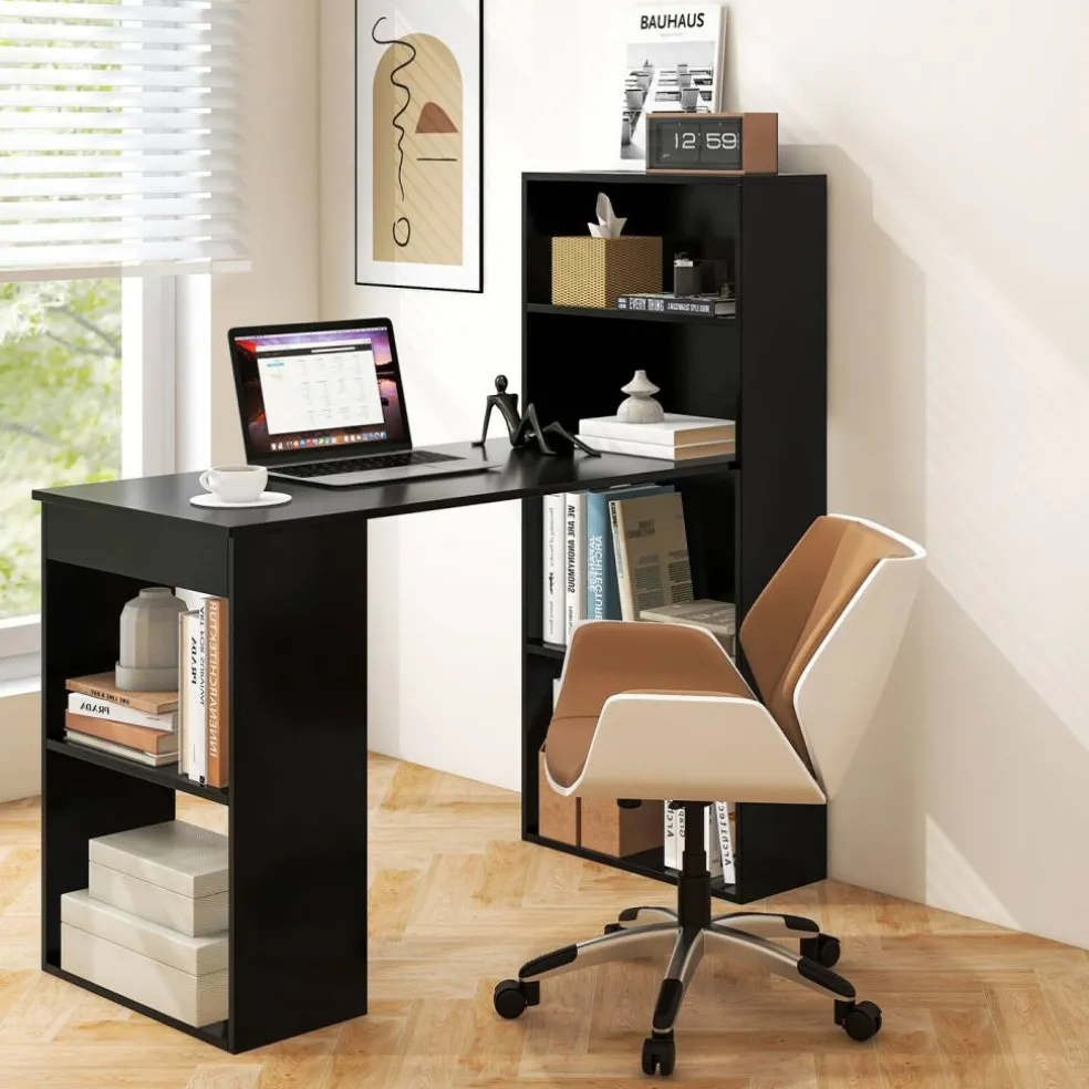 Costway Computer Desk Writing Workstation Office w/6-Tier Storage Shelves WhiteBlack