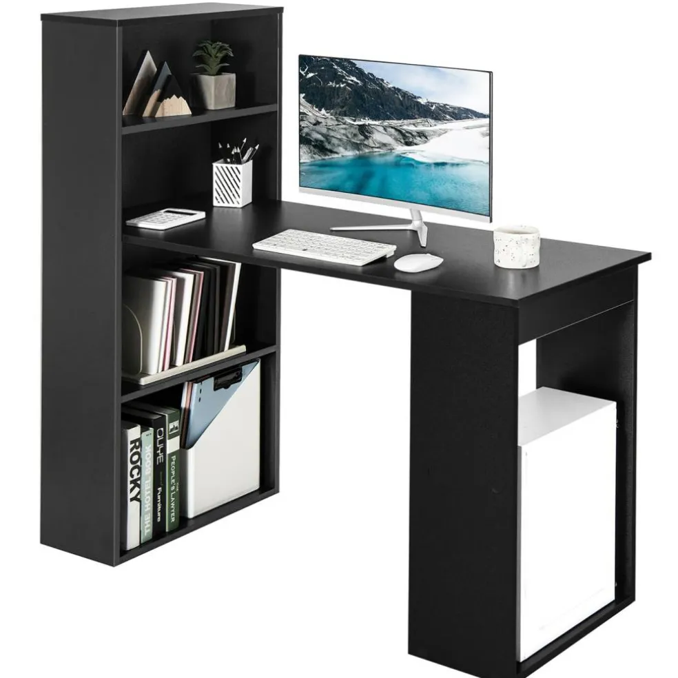 Costway Computer Desk Writing Workstation Office w/6-Tier Storage Shelves WhiteBlack