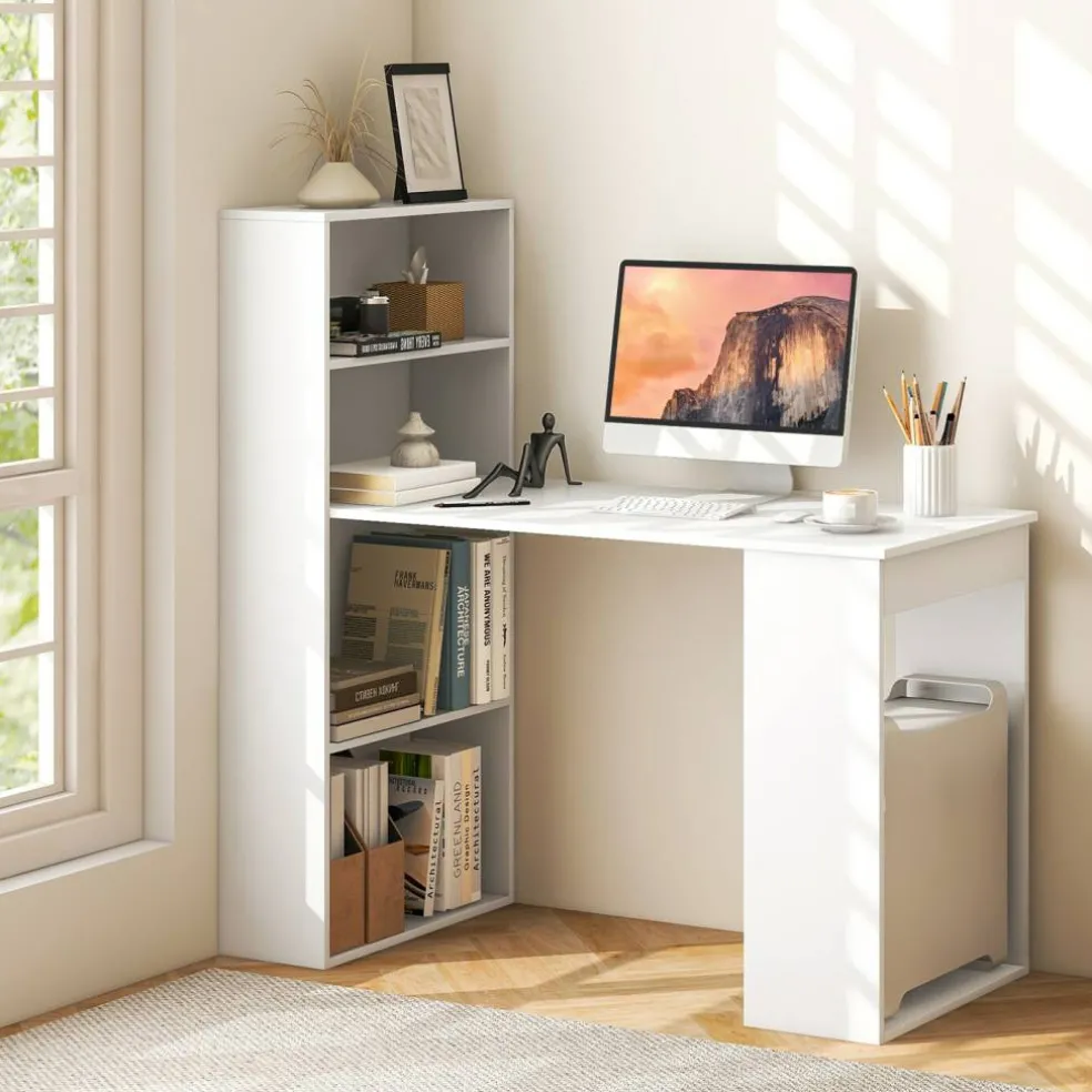 Costway Computer Desk Writing Workstation Office w/6-Tier Storage Shelves WhiteBlack