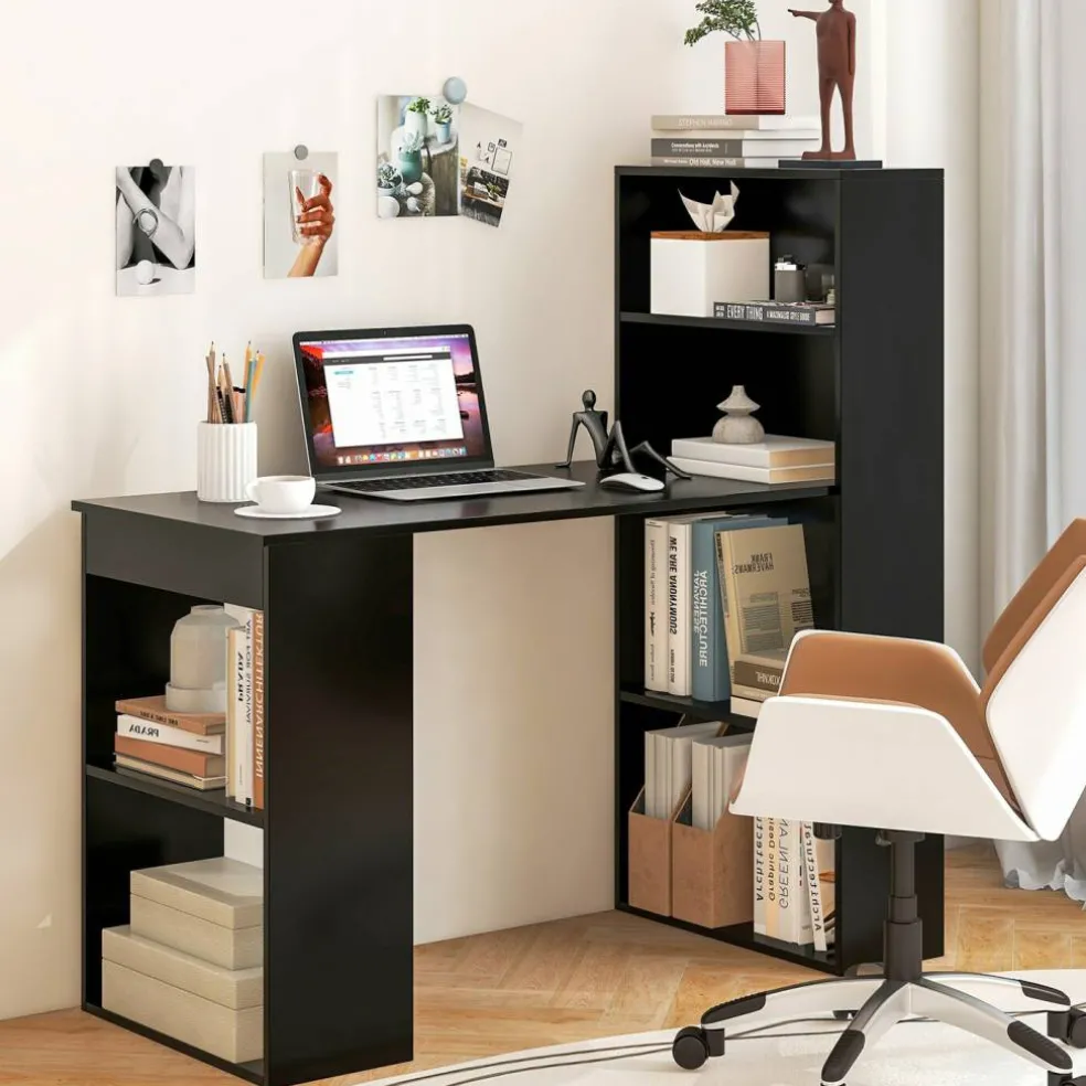 Costway Computer Desk Writing Workstation Office w/6-Tier Storage Shelves WhiteBlack