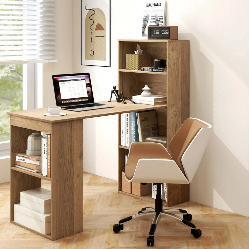 Costway Computer Desk Writing Workstation Office w/6-Tier Storage Shelves WhiteBlack