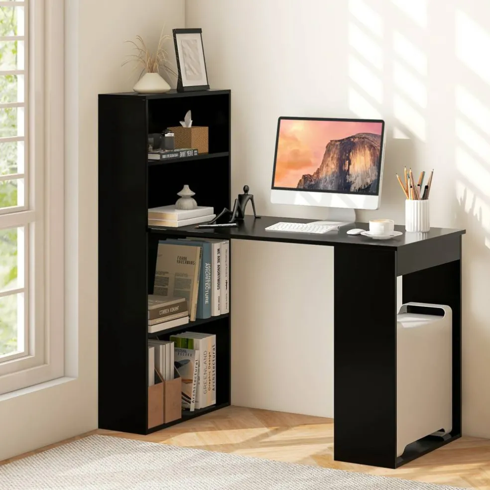 Costway Computer Desk Writing Workstation Office w/6-Tier Storage Shelves WhiteBlack
