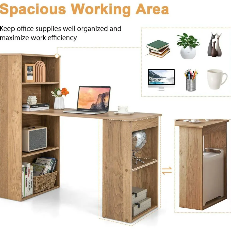 Costway Computer Desk Writing Workstation Office w/6-Tier Storage Shelves WhiteBlack