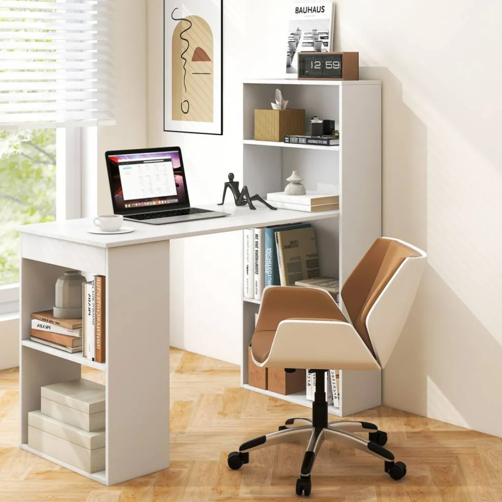 Costway Computer Desk Writing Workstation Office w/6-Tier Storage Shelves WhiteBlack