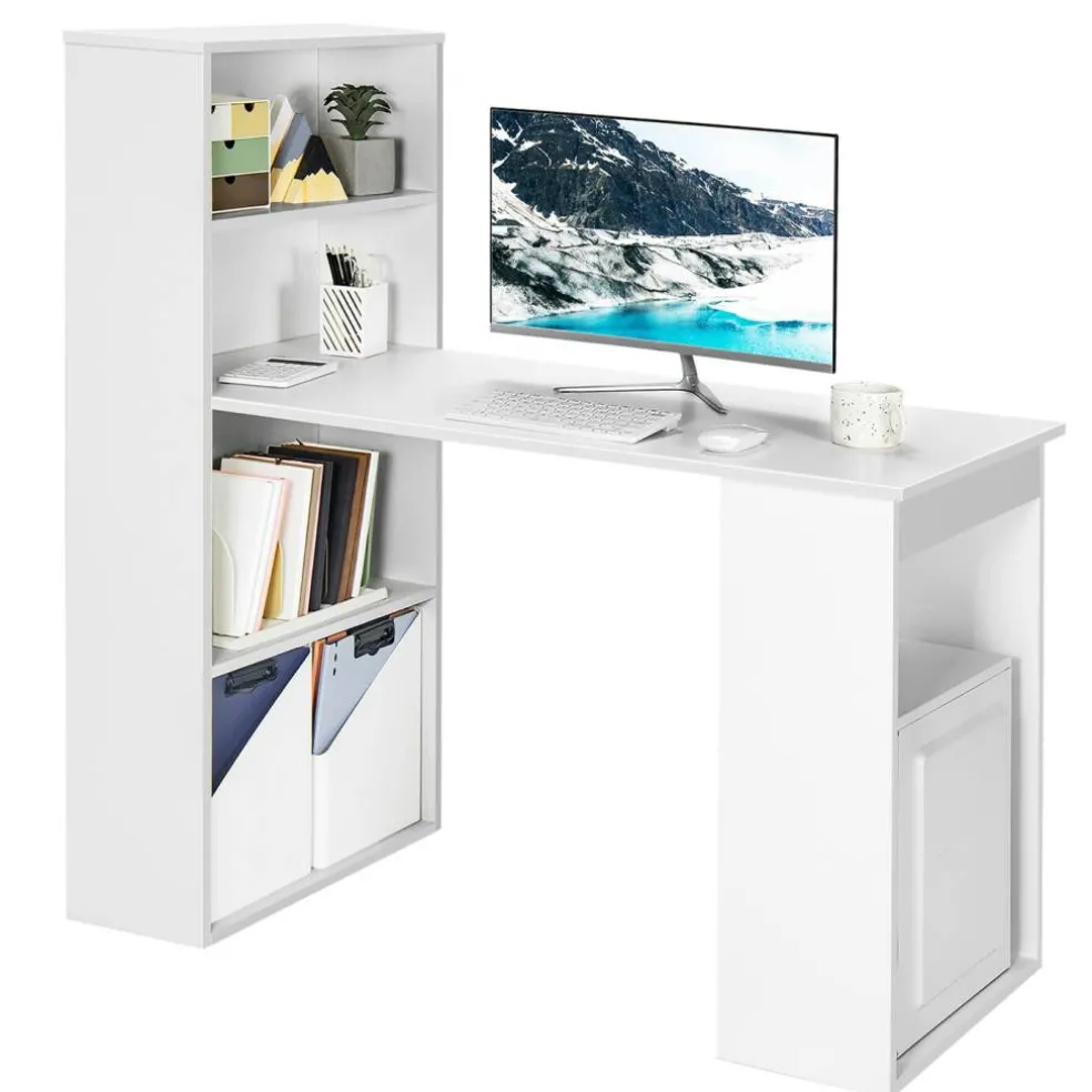 Costway Computer Desk Writing Workstation Office w/6-Tier Storage Shelves WhiteBlack