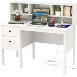Costway Computer Desk 48" Writing Table w/ Power Outlets 5-Cubby Hutch 2 Storage Drawers