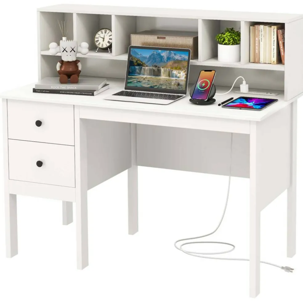 Costway Computer Desk 48" Writing Table w/ Power Outlets 5-Cubby Hutch 2 Storage Drawers