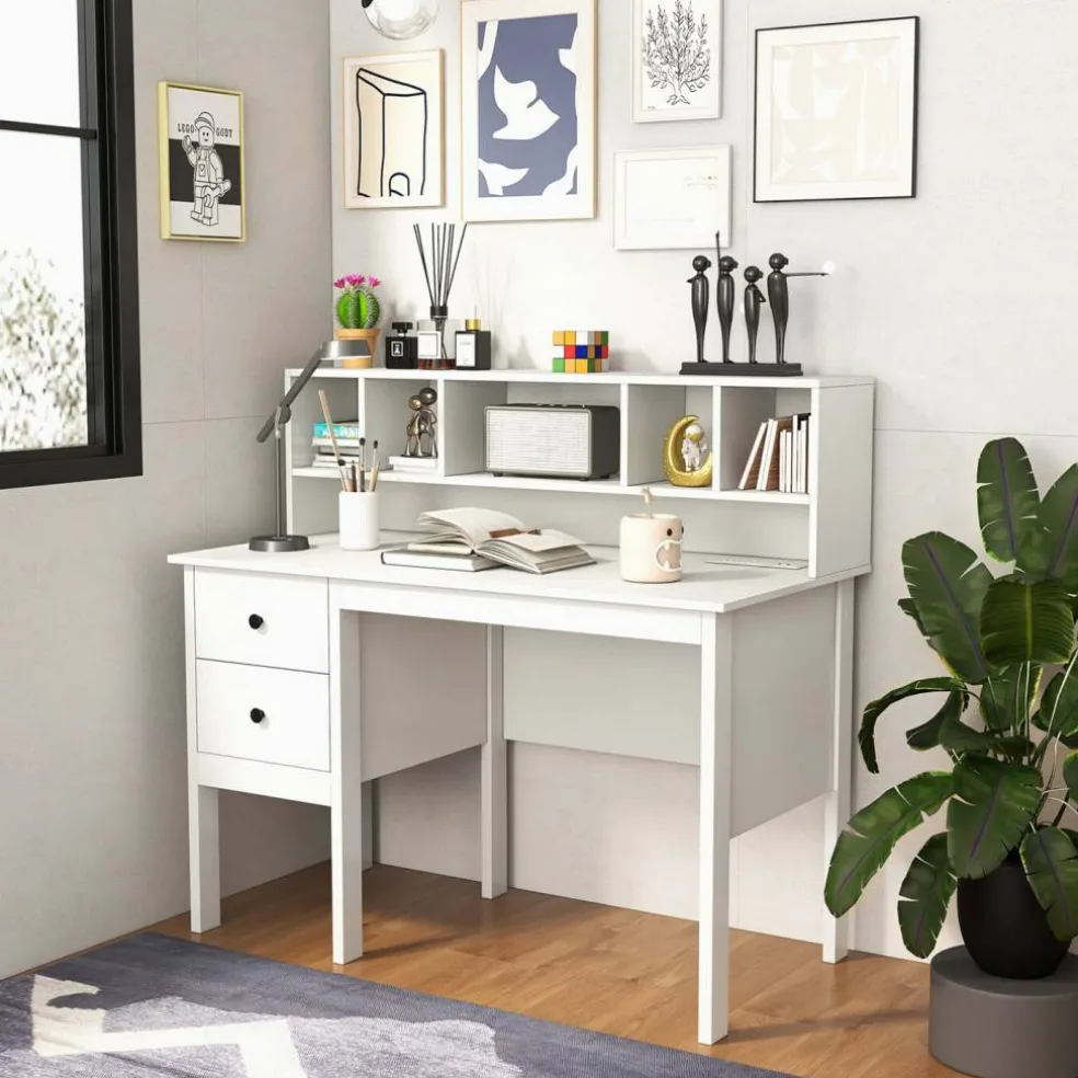 Costway Computer Desk 48" Writing Table w/ Power Outlets 5-Cubby Hutch 2 Storage Drawers
