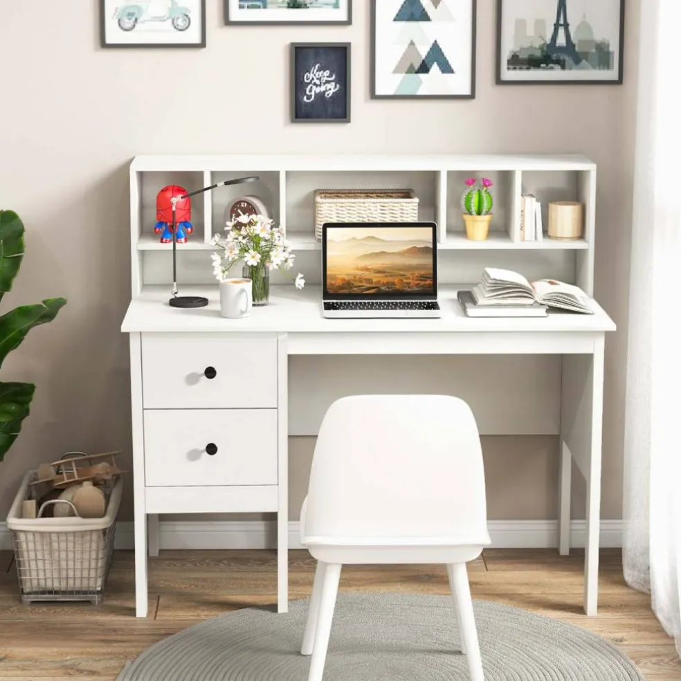 Costway Computer Desk 48" Writing Table w/ Power Outlets 5-Cubby Hutch 2 Storage Drawers