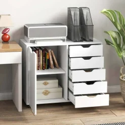 Costway 5-Drawer Chest Rolling Storage Dresser Lateral File Cabinet with Adjustable Shelf