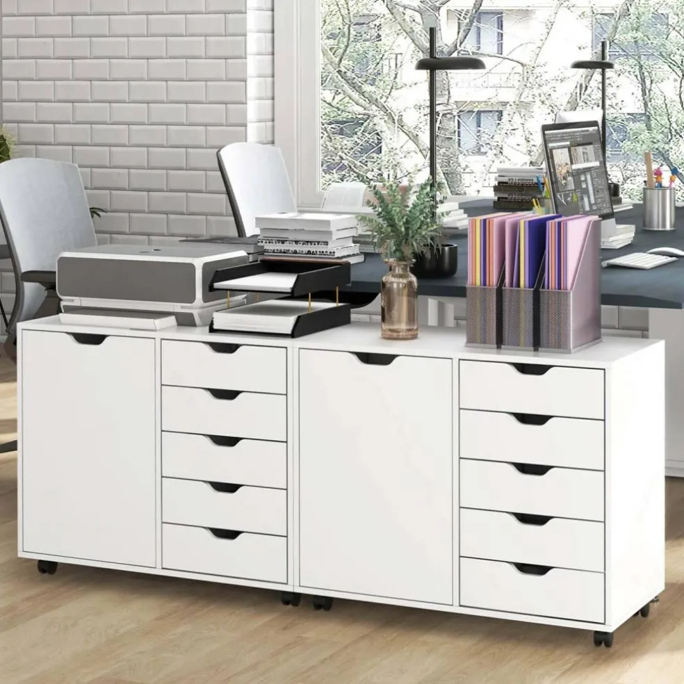 Costway 5-Drawer Chest Rolling Storage Dresser Lateral File Cabinet with Adjustable Shelf