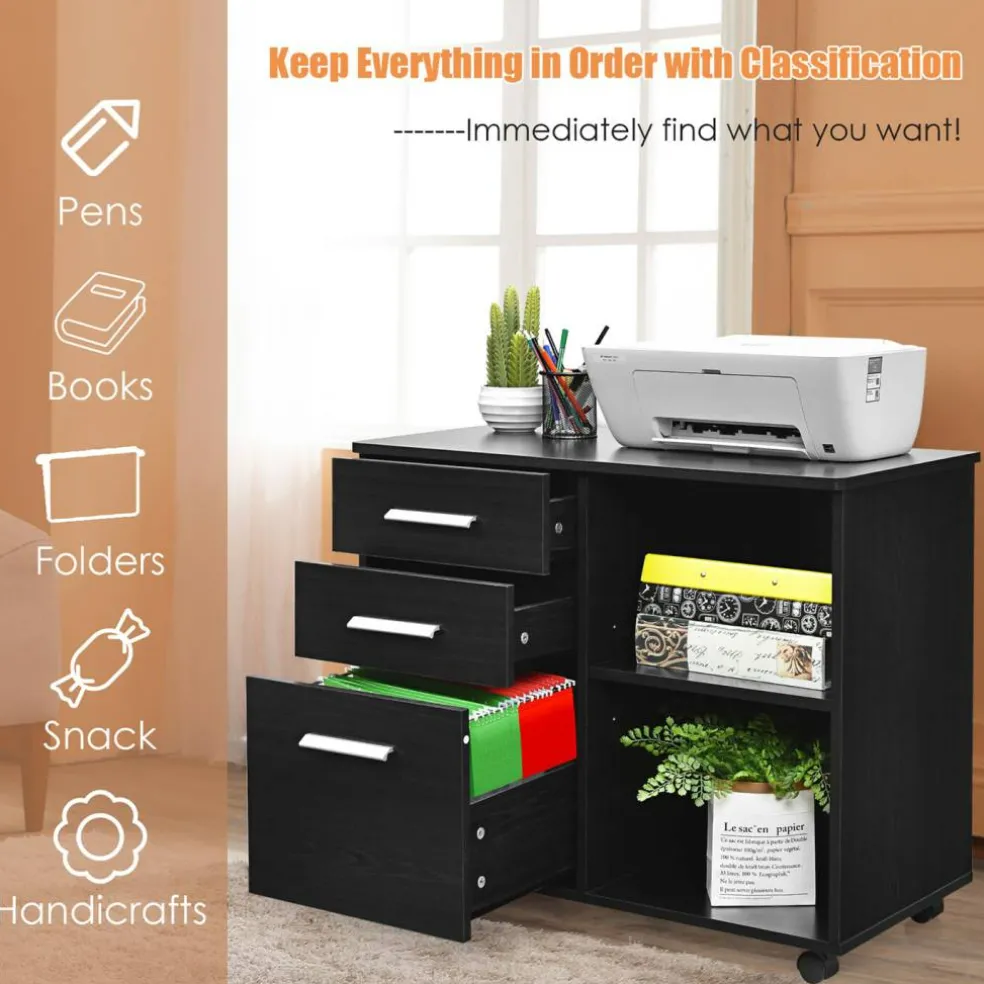 Costway 3-Drawer File Cabinet Mobile Lateral Cabinet Printer Stand EspressoBlack