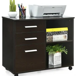 Costway 3-Drawer File Cabinet Mobile Lateral Cabinet Printer Stand EspressoBlack