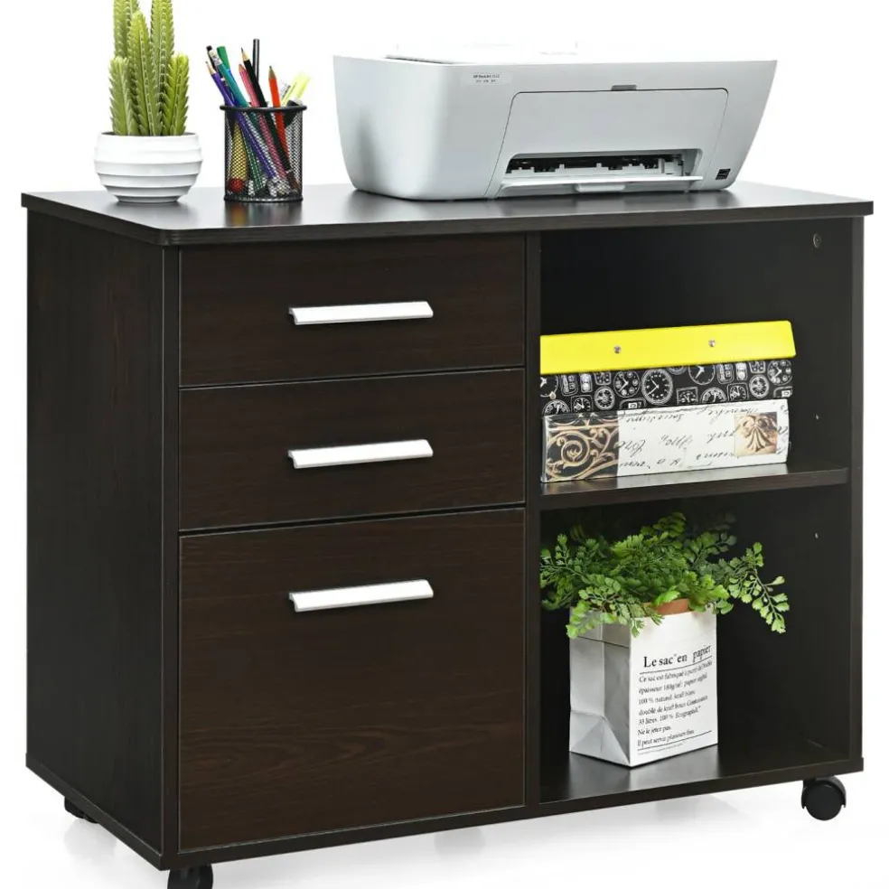 Costway 3-Drawer File Cabinet Mobile Lateral Cabinet Printer Stand EspressoBlack