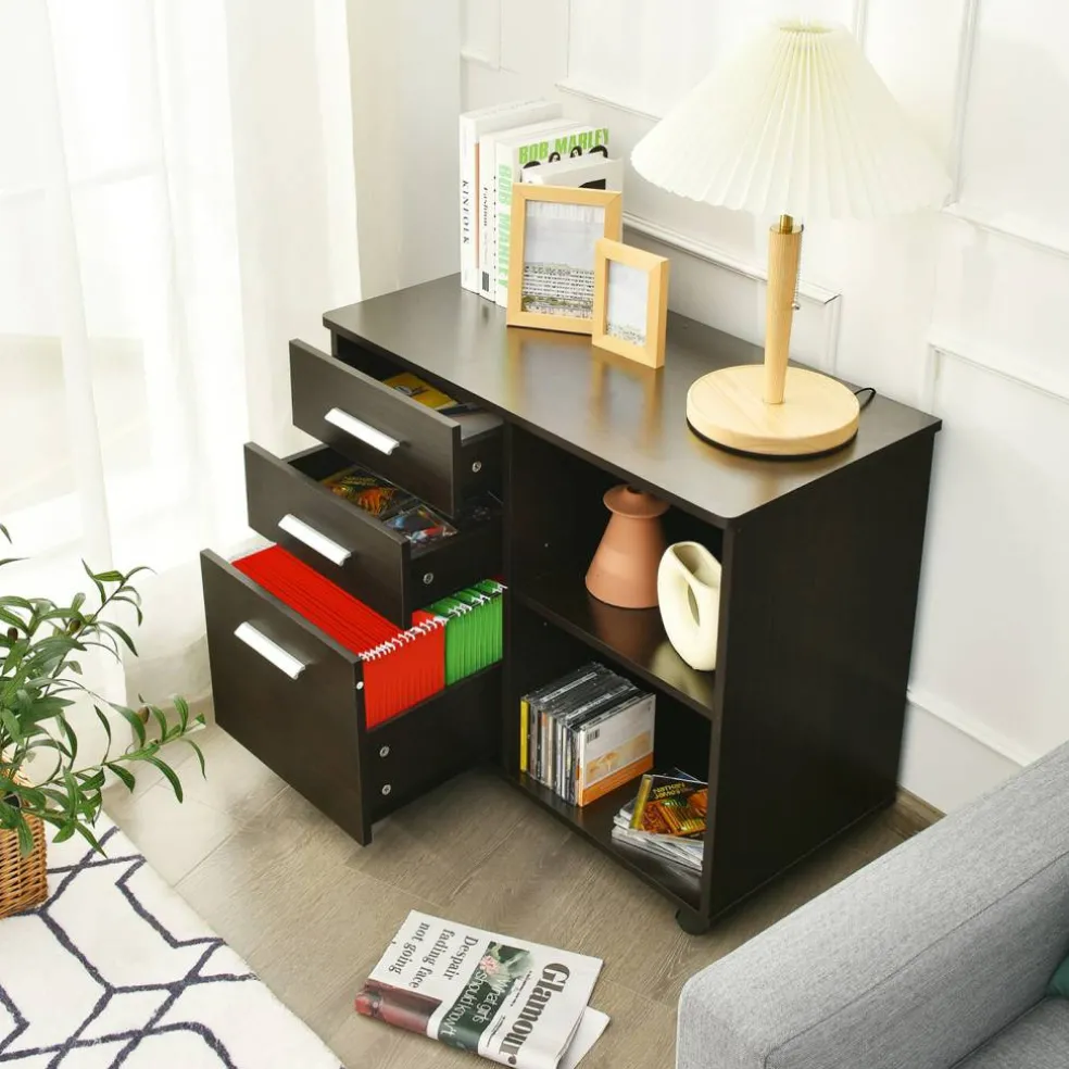Costway 3-Drawer File Cabinet Mobile Lateral Cabinet Printer Stand EspressoBlack