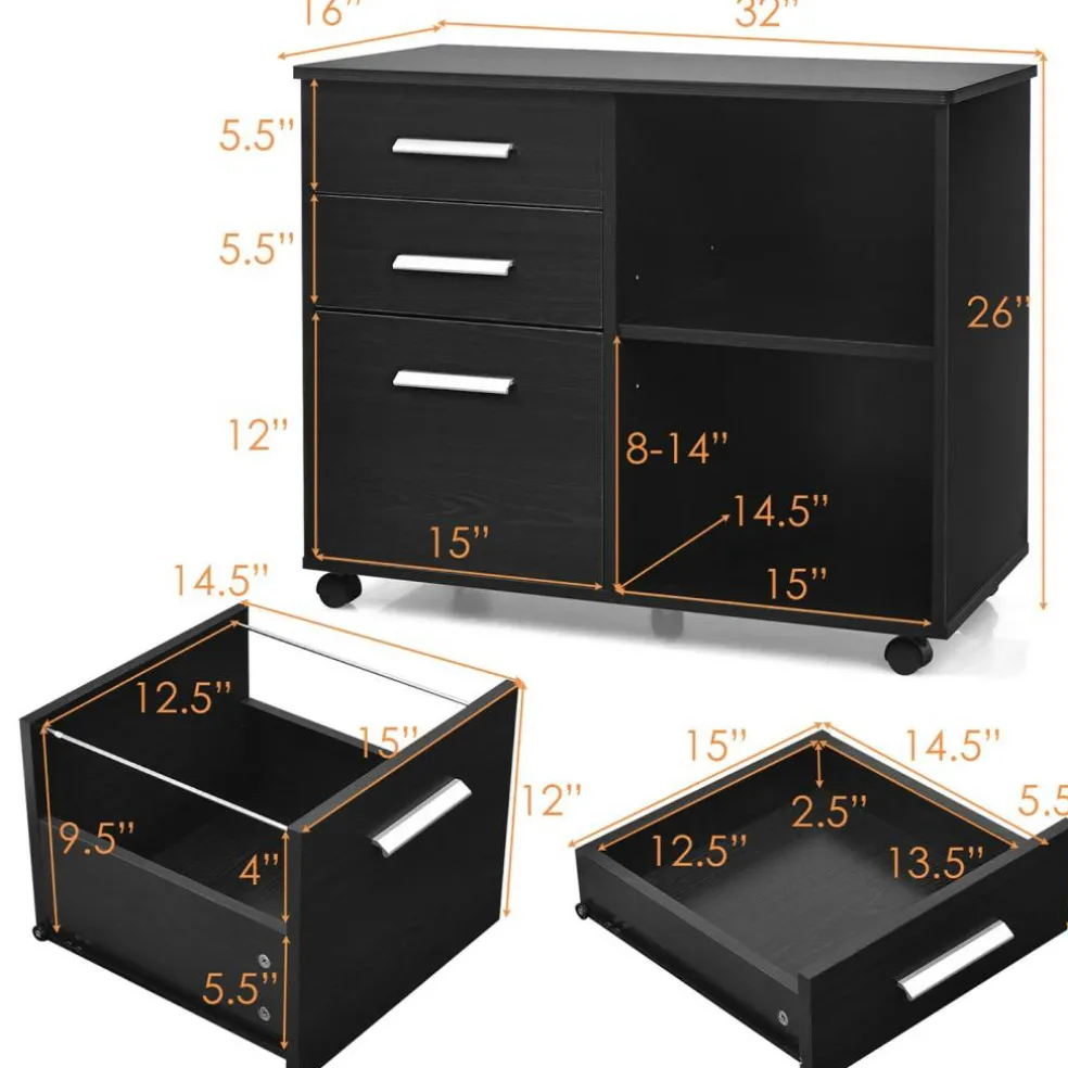 Costway 3-Drawer File Cabinet Mobile Lateral Cabinet Printer Stand EspressoBlack