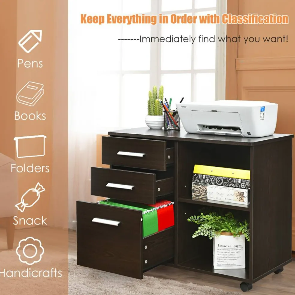 Costway 3-Drawer File Cabinet Mobile Lateral Cabinet Printer Stand EspressoBlack