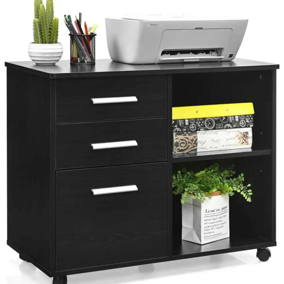 Costway 3-Drawer File Cabinet Mobile Lateral Cabinet Printer Stand EspressoBlack