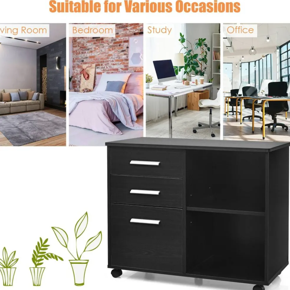 Costway 3-Drawer File Cabinet Mobile Lateral Cabinet Printer Stand EspressoBlack