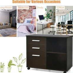 Costway 3-Drawer File Cabinet Mobile Lateral Cabinet Printer Stand EspressoBlack