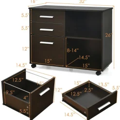 Costway 3-Drawer File Cabinet Mobile Lateral Cabinet Printer Stand EspressoBlack