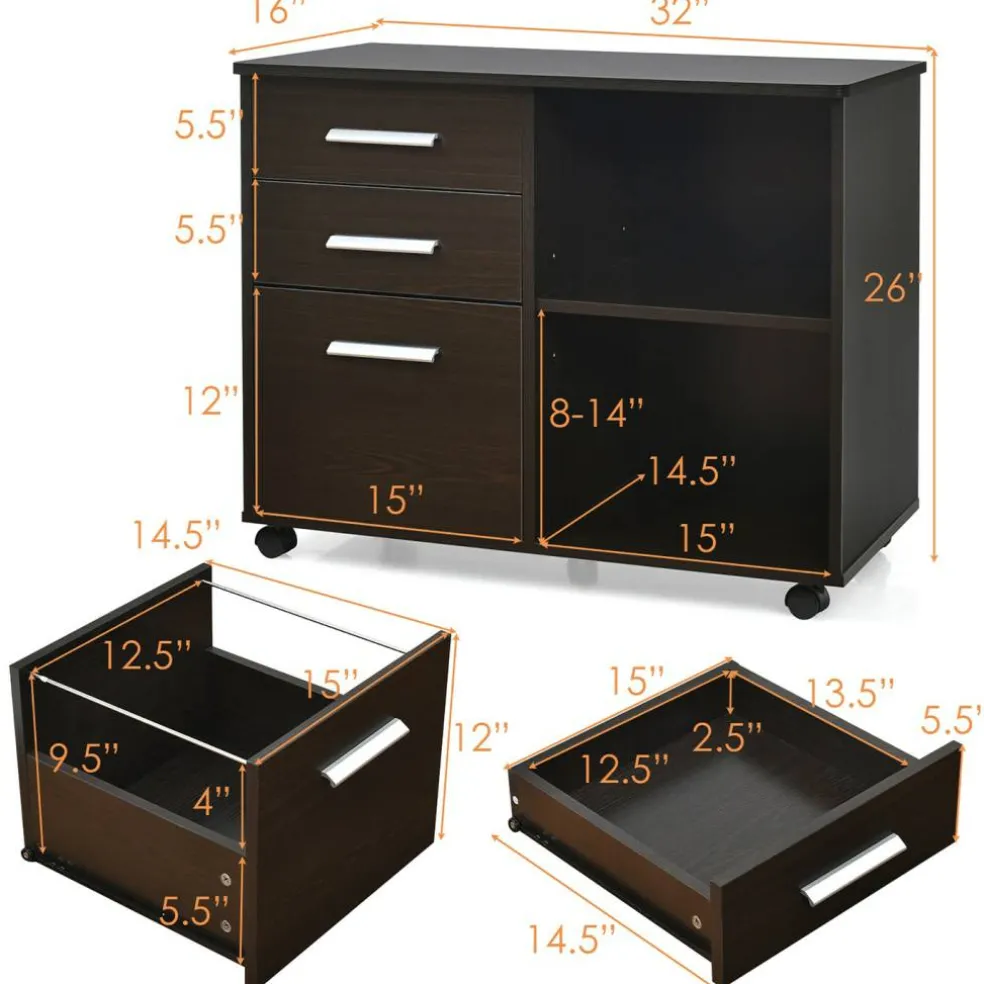 Costway 3-Drawer File Cabinet Mobile Lateral Cabinet Printer Stand EspressoBlack