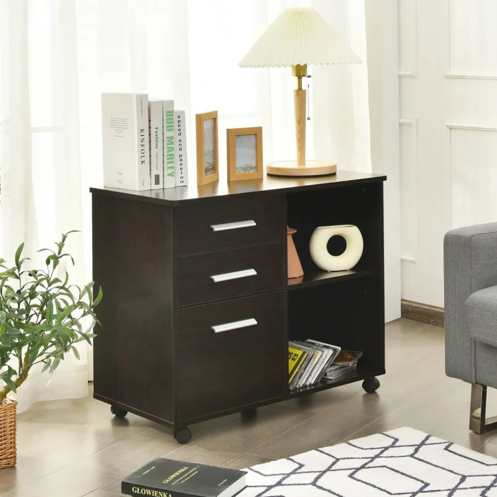 Costway 3-Drawer File Cabinet Mobile Lateral Cabinet Printer Stand EspressoBlack