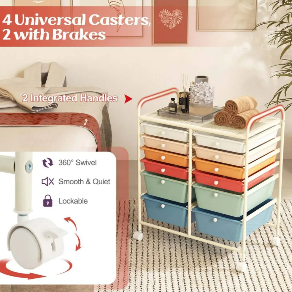 Costway 12 Drawers Rolling Cart Storage Mutlicolor Scrapbook Paper Studio Organizer Bins