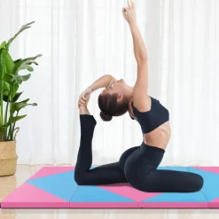 Costway Folding Gymnastics Mat 8' x 4' x 2'' PU Leather Tumbling Exercise Mat Yoga Gym Light Pink+Black/Blue+Black/Pink+Purple/Pink+Black/Pink+Blue/Pink